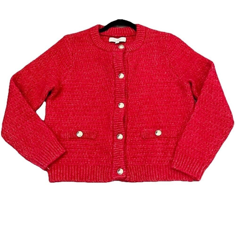LOFT Women's Stitchy Sweater Jacket Size Large Cardigan Red Silver Knit - Picture 1 of 8